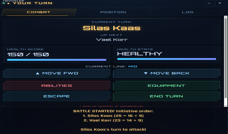 The combat screen on your turn